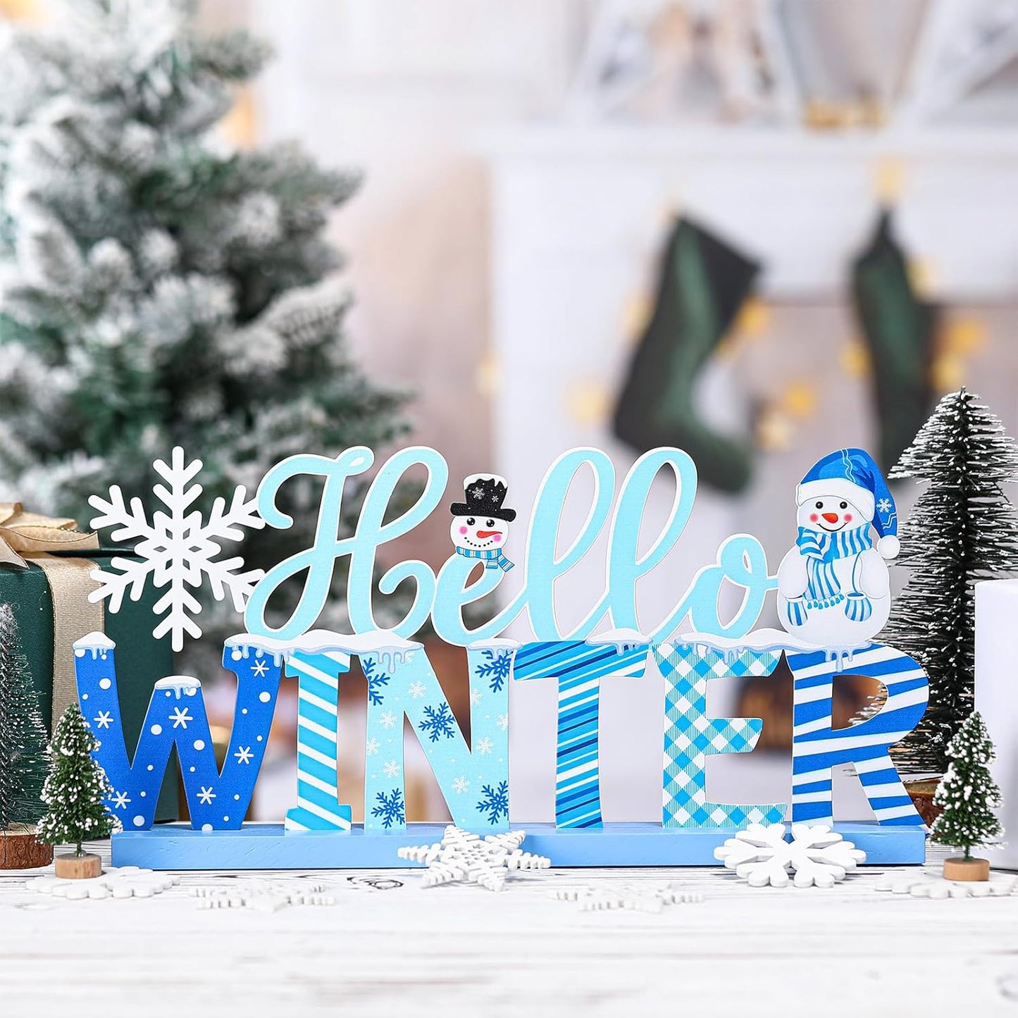 Winter Metal Sign Hello Winter Table Decor Christmas Tiered Tray Decor with Wooden Base Metal Blue and White Snowman Snowflake for Xmas Home Tabletop Centerpiece Mantel Shelf Fireplace