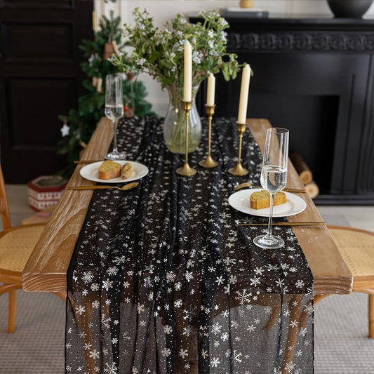 Silvery Snowflake Metallic Print Tulle Christmas Table Runner, Seasonal Winter Kitchen Dining Table Decoration for Home Party Decor 35x120 Inch (Black)