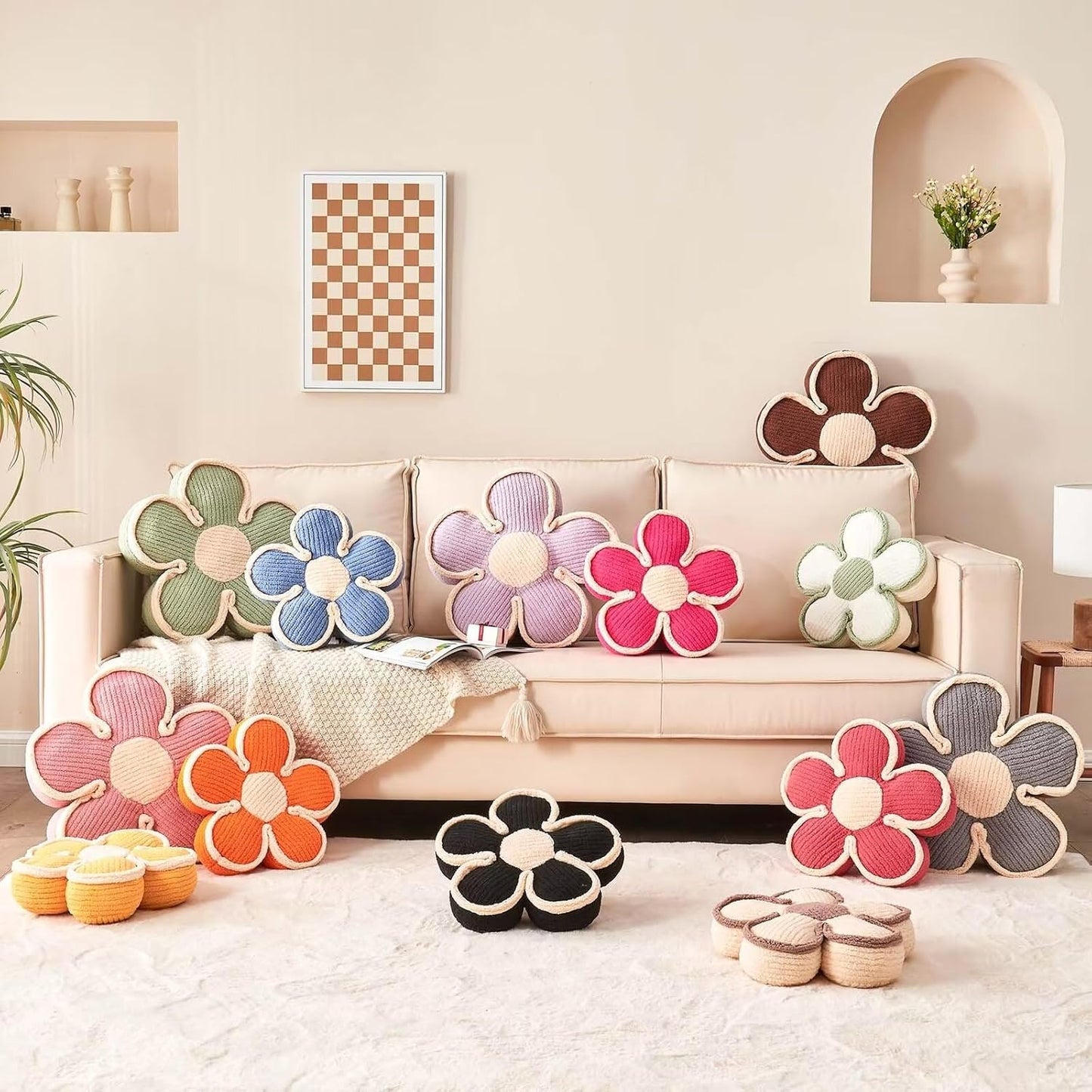 Flower Pillow, Soft Shaped Floor Cushion, Decorative Throw Pillow, Seating Cushion, Plush Room Decor Pillows for Sofa Couch Bed (13.7 Inch, Ivory)