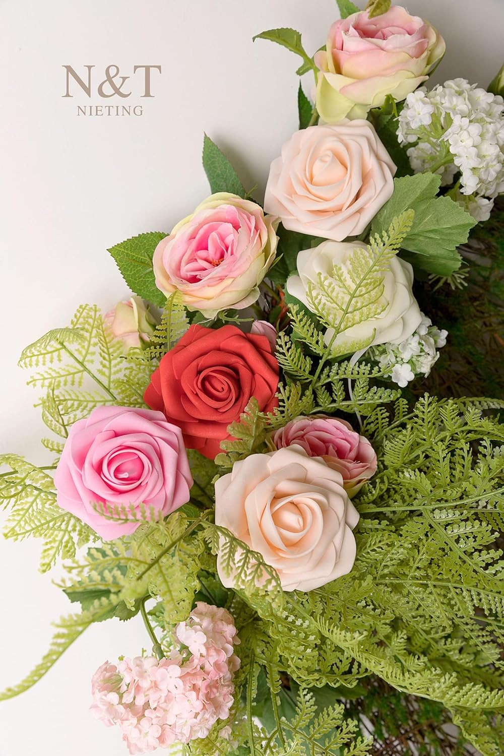 N&T NIETING Artificial Flowers 25pcs Real Looking Artificial Roses with Stems for Valentine's Day Mother's Day Wedding Bridal Bouquet Party Baby Shower Cake Decoration, Series Red