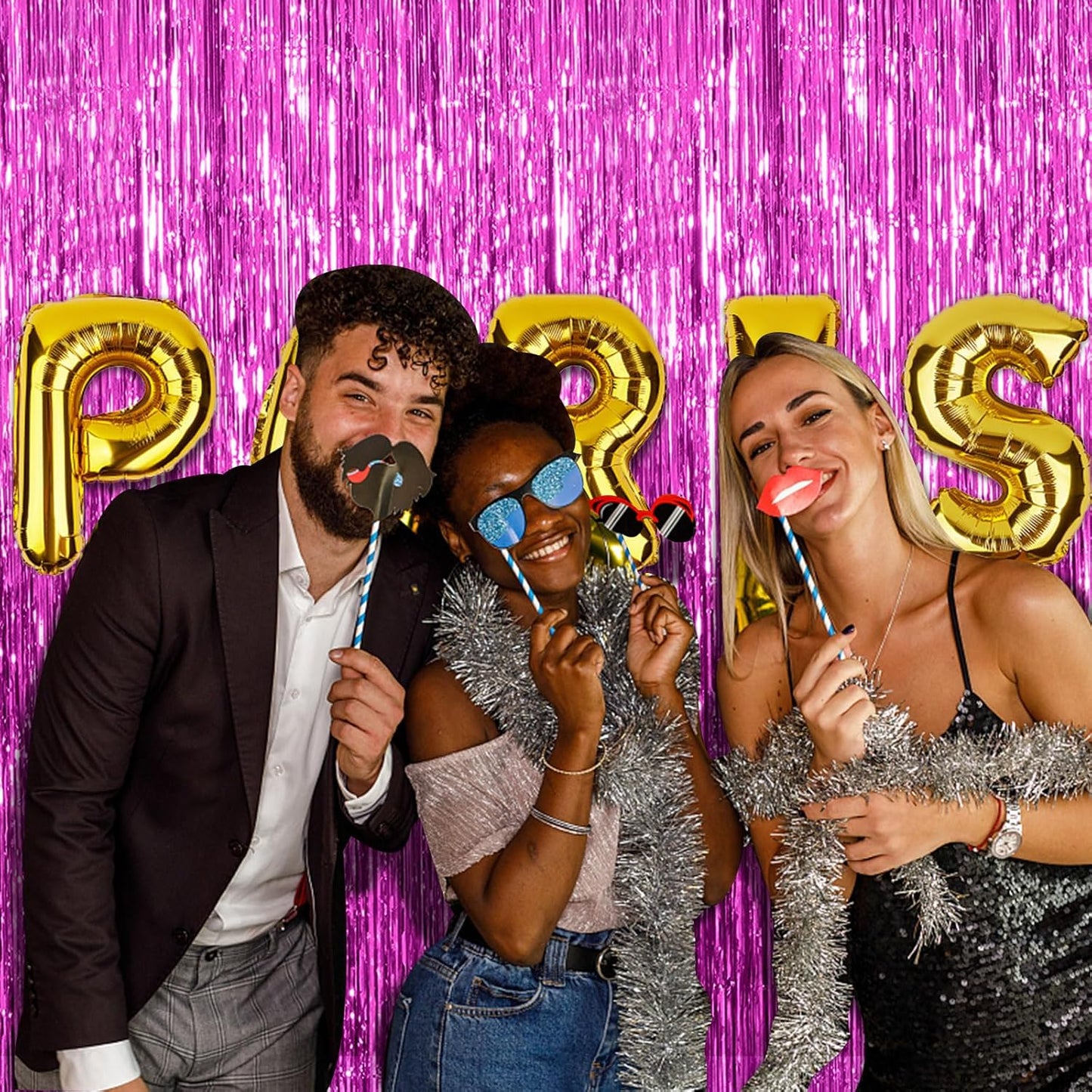 5 Pack Hot Pink Party Decorations - Tinsel Curtain Streamers Foil Fringe Backdrop for Birthday, Christmas, Bachelorette, Graduation, Fiesta Photo Booth