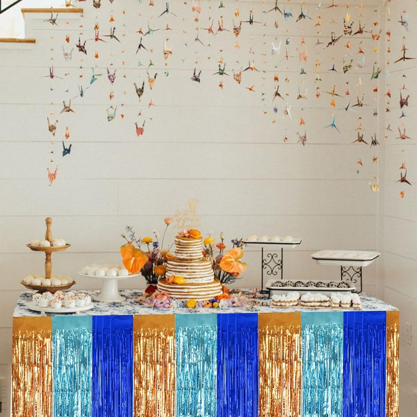 BEISHIDA 2 Pack Orange Blue Light Blue Table Skirts Party Decorations Metallic Tinsel Foil Fringe Table Skirts Table Decors for Rectangle and Round Table Birthday Holiday Party Cartoon Party