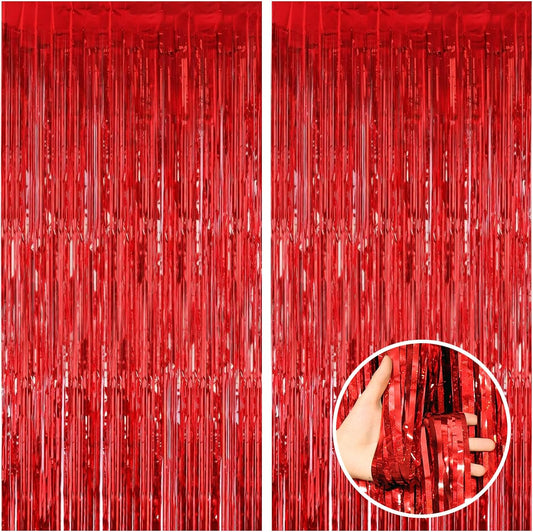 CANREVEL 2 Pack 3.3x8.2 Feet Red Foil Fringe Backdrop Curtains, Tinsel Streamers Birthday Party Decorations, Fringe Backdrop for Stranger Theme Birthday Party Christmas Valentines Day Party