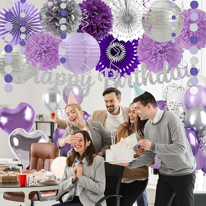 Purple Silver Birthday Party Decorations Kit with Happy Birthday Banner, Paper Lanterns, Streamers, Tissue Pom Poms, Honeycomb Flower Fans, Silver and Purple Balloons, & More for Women Girls' Party