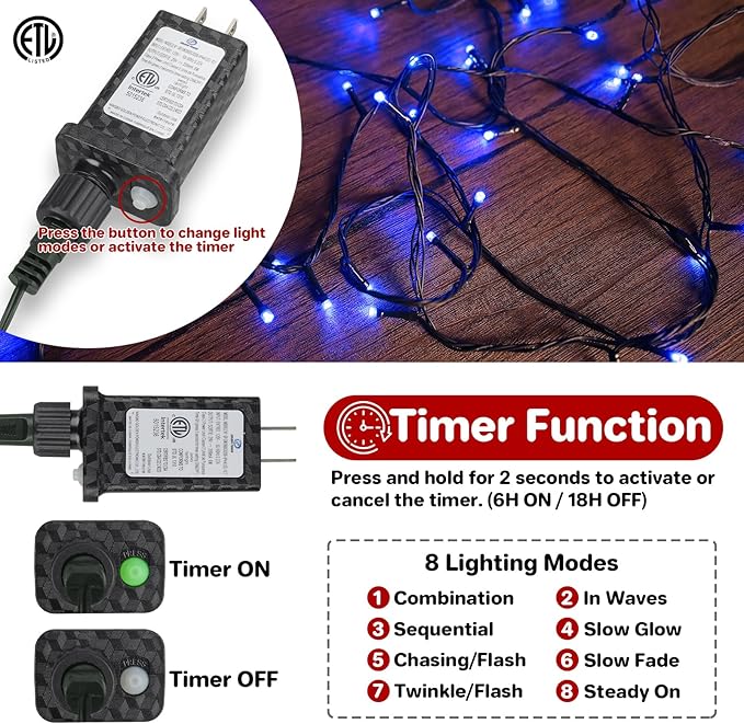 Christmas String Lights Plug in,33FT 100 LED String Lights with 8 Modes & Timer, Xmas Decorations for Trees Wreath, Outdoor Indoor Yard Garden Party Decor, Blue