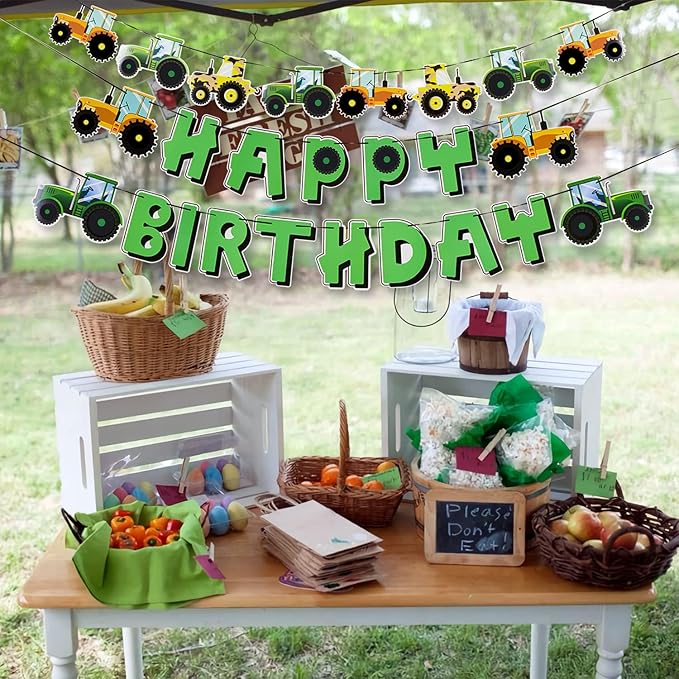 SUNBEAUTY Green Tractor Happy Birthday Banner Set with Tractor Garland Banner for Tractor Farm Themed Birthday Party Supplies Decorations | Pre-Strung