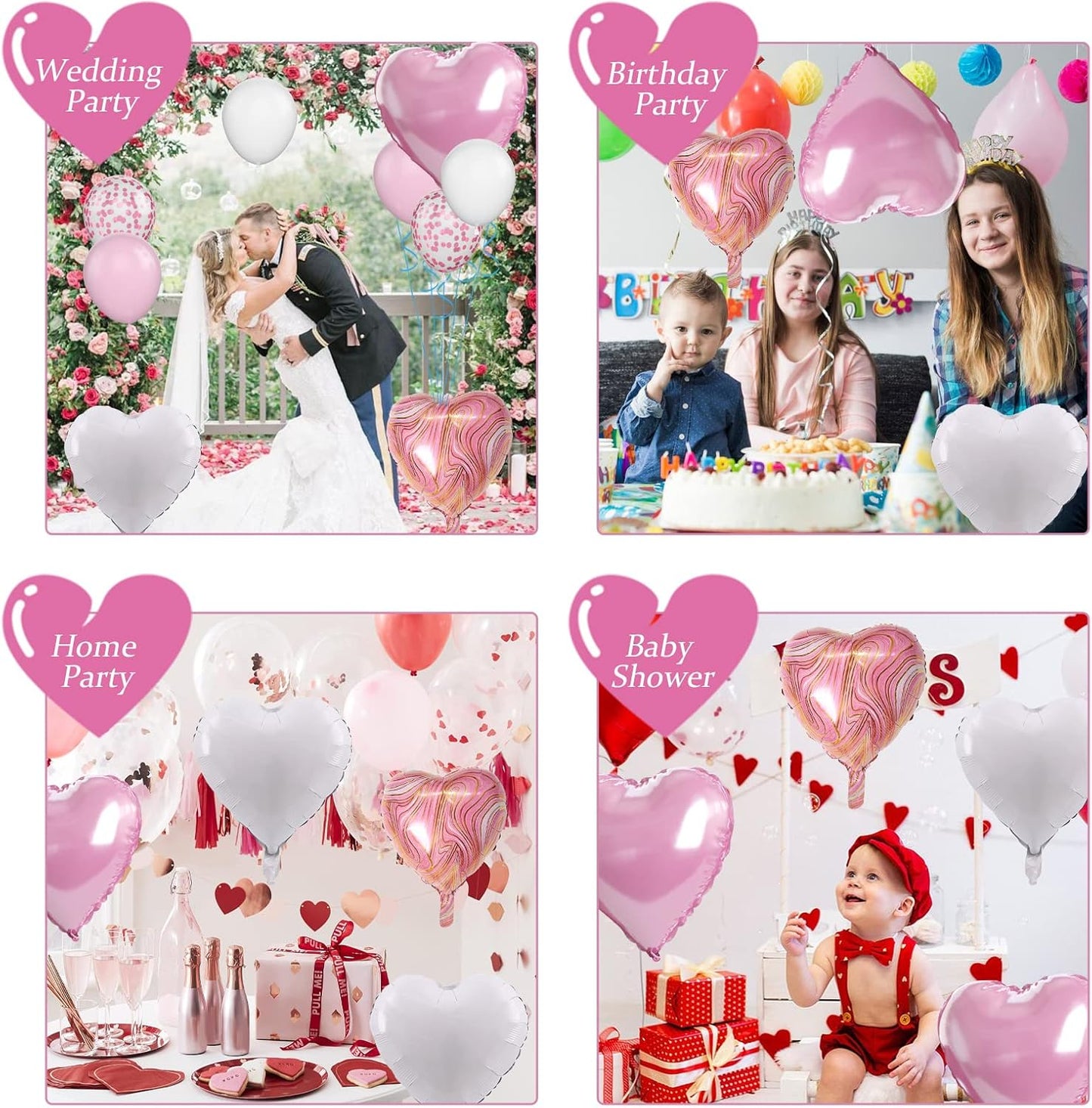 Pink White Agate Heart Shape Balloons - 10PCS Pink & White Foil Heart Balloons for Valentine's Day Decorations - 18inch