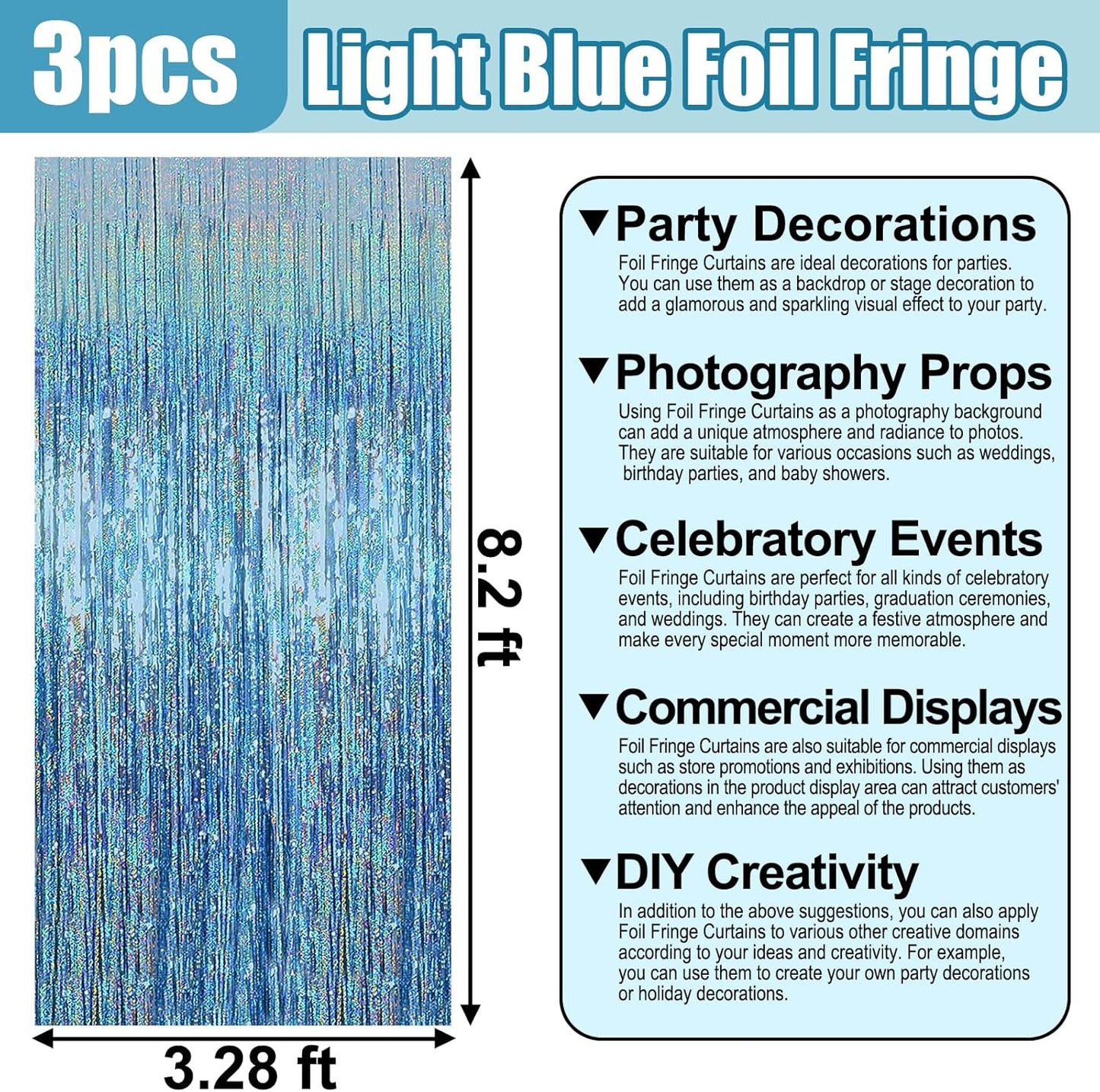 3 Pack Light Blue Foil Fringe Curtain Backdrop, 3.28Ft x 8.2Ft Metallic Tinsel Foil Fringe Streamer Curtains for Photo Booth, Mother's Day, Easter, Birthday, Wedding Party Decorations