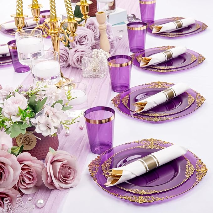 Hioasis 210pcs Purple and Gold Plates - Purple Party Plates for 30 Guest, Include 60 Heavy-duty Plates(20% Thicker Than Standard), 30 Pre Rolled gold Plastic goldware Set, 30 Cups