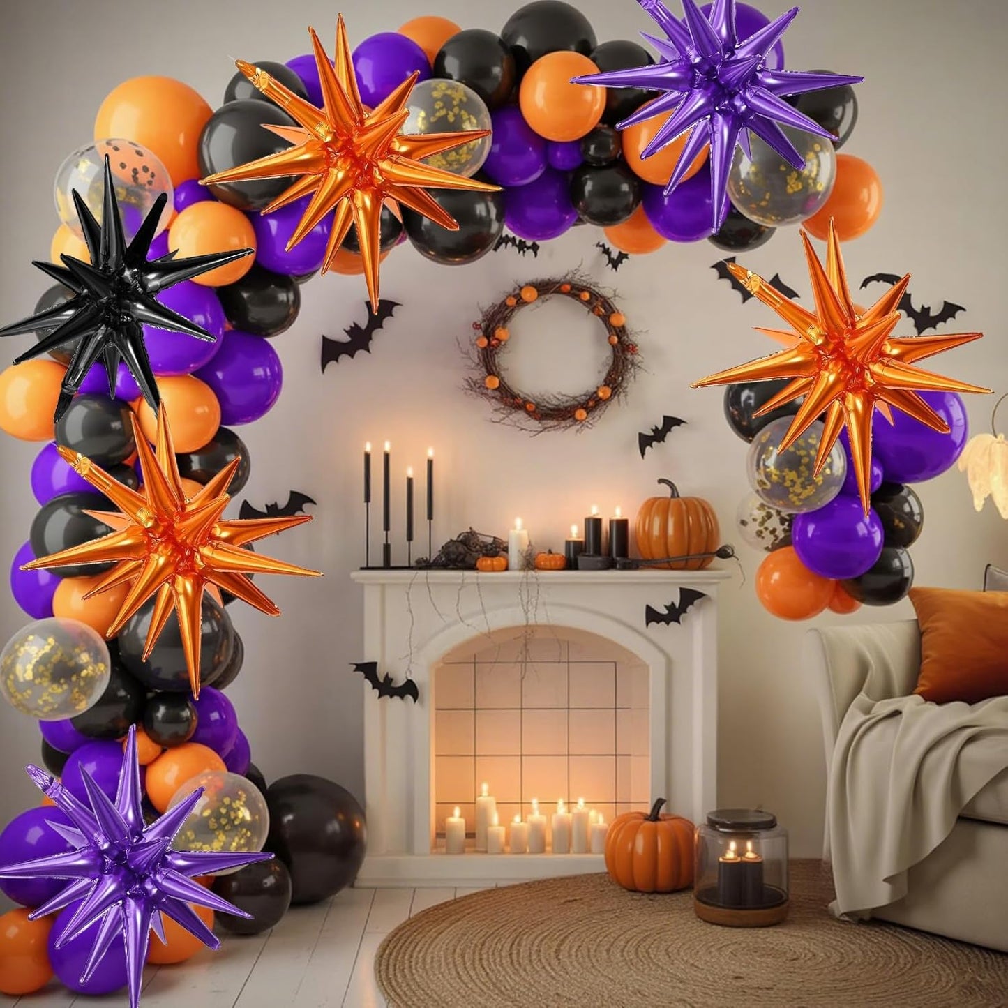 Black Purple Orange Star Balloons,9Pcs 22Inch Black Orange Purple Explosion Spike Cone Helium Polyester Film Star Foil Balloons for Halloween Birthday Baby Shower Party Decorations