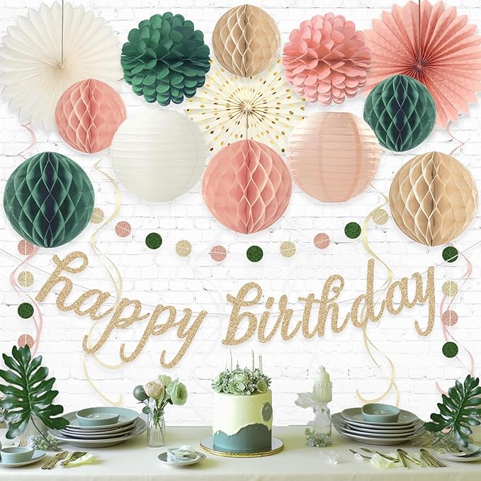 Pink Sage Green Happy Birthday Decorations, Pre-Strung Happy Birthday Banner with Honeycomb Balls, Paper Flowers, Lanterns, Hanging Swirls, Circle Dots Garland for Birthdays Party Decorations 24pcs