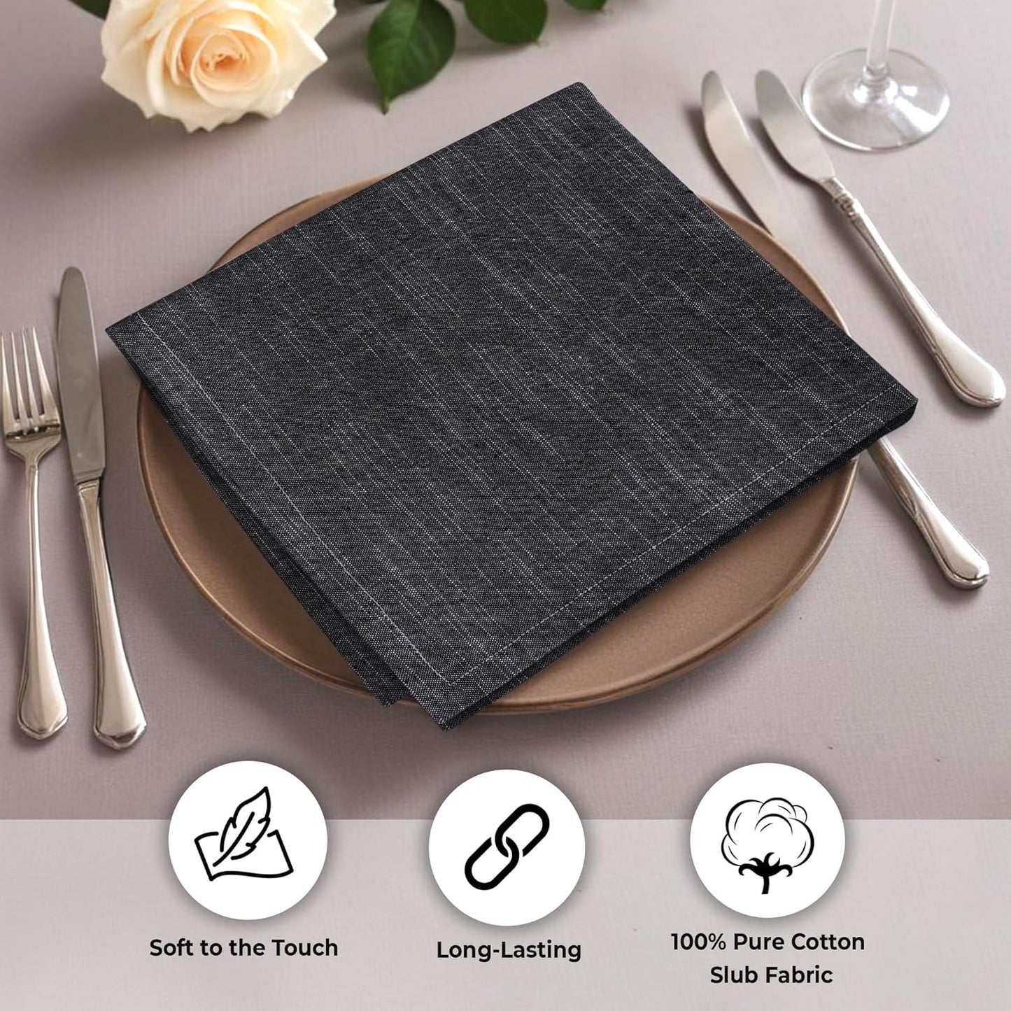 Urban Villa Dinner Napkins Black White Chambray Cloth Napkins (Set of 12) Oversized 20x20 Inches100% Cotton Slub Premium Quality Soft Durable Mitered Corners Reusable Washable Everyday Use Napkins