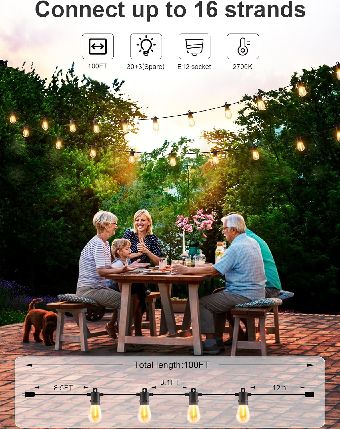 Svater LED Outdoor String Lights 100 FT, Patio Lights with Shatterproof Bulbs, Outside Hanging Light Waterproof for Porch, Deck, Garden, Backyard, Balcony, Dimmable 2700K