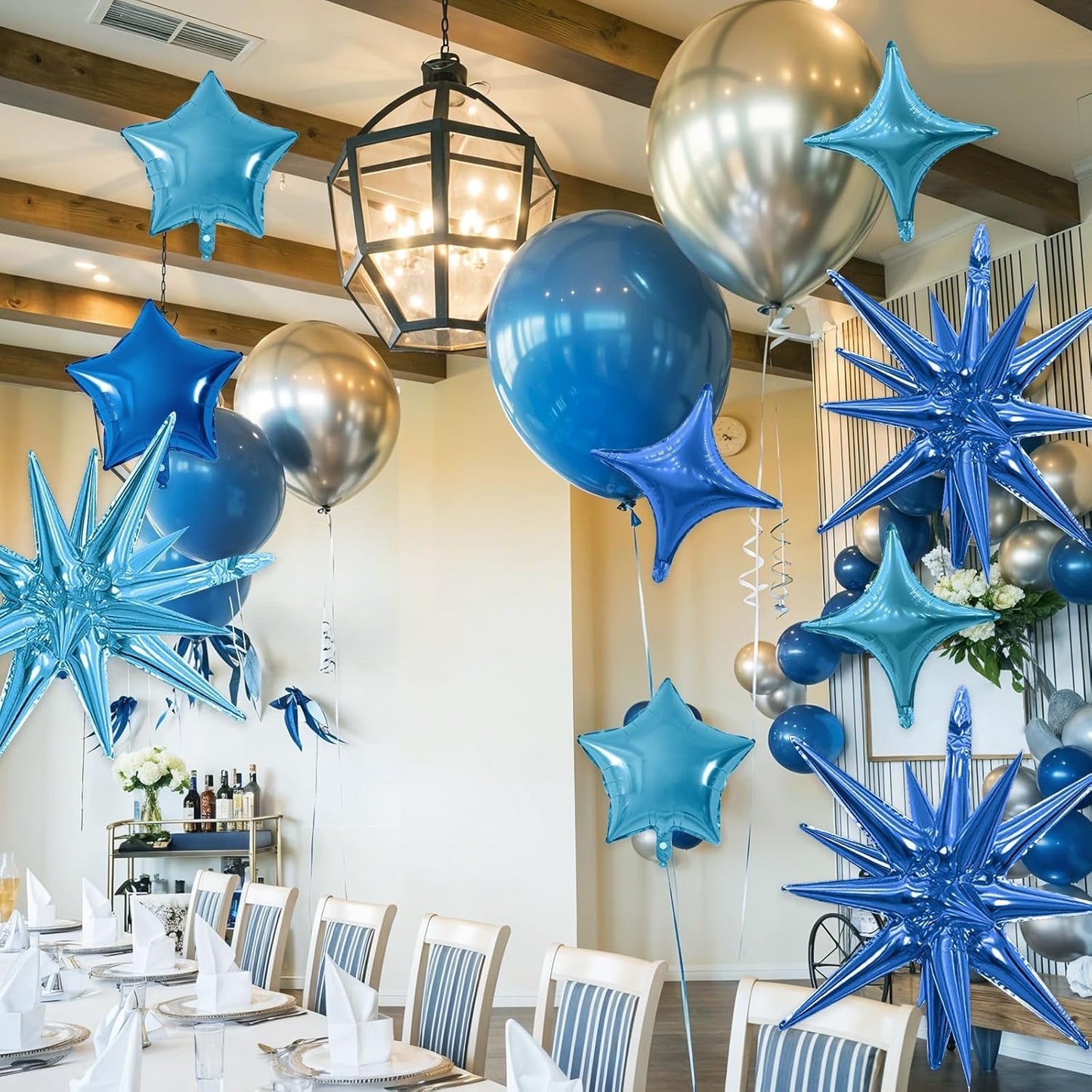 Blue Star Balloon,16Pcs Light Blue Star Foil Balloons Set with 22Inch Explosion Spike Cone Balloons and 10Inch Quadrangle Helium Balloon for Birthday Wedding Baby Shower Party Decorations