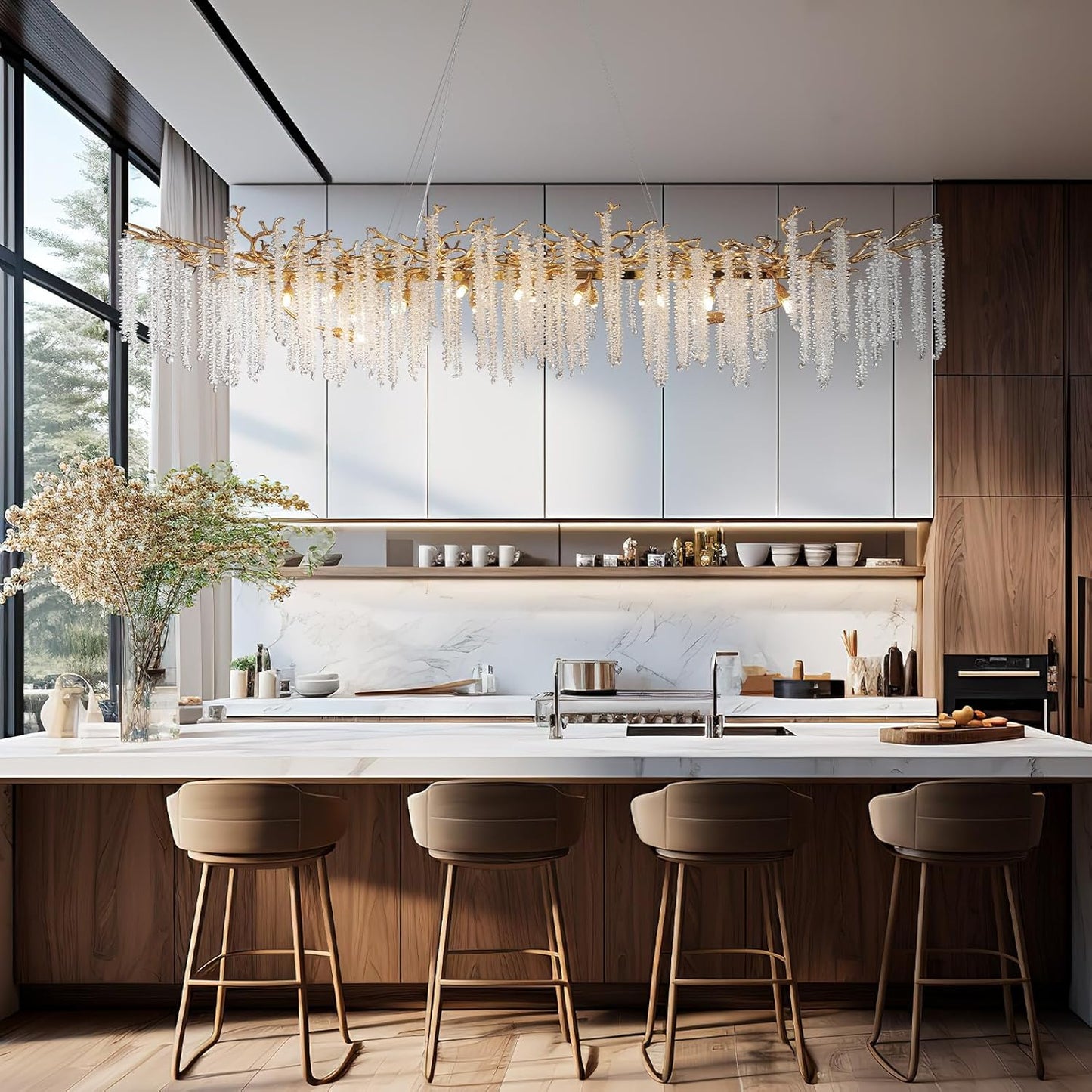 YUYI Modern Crystal Chandelier, 71" Gold Rectangular Chandeliers for Dining Room, Large Tree Branch Chandelier Luxury Ceiling Light Fixture for Living Room, Kitchen Island, Foyer, 5 Year Warranty