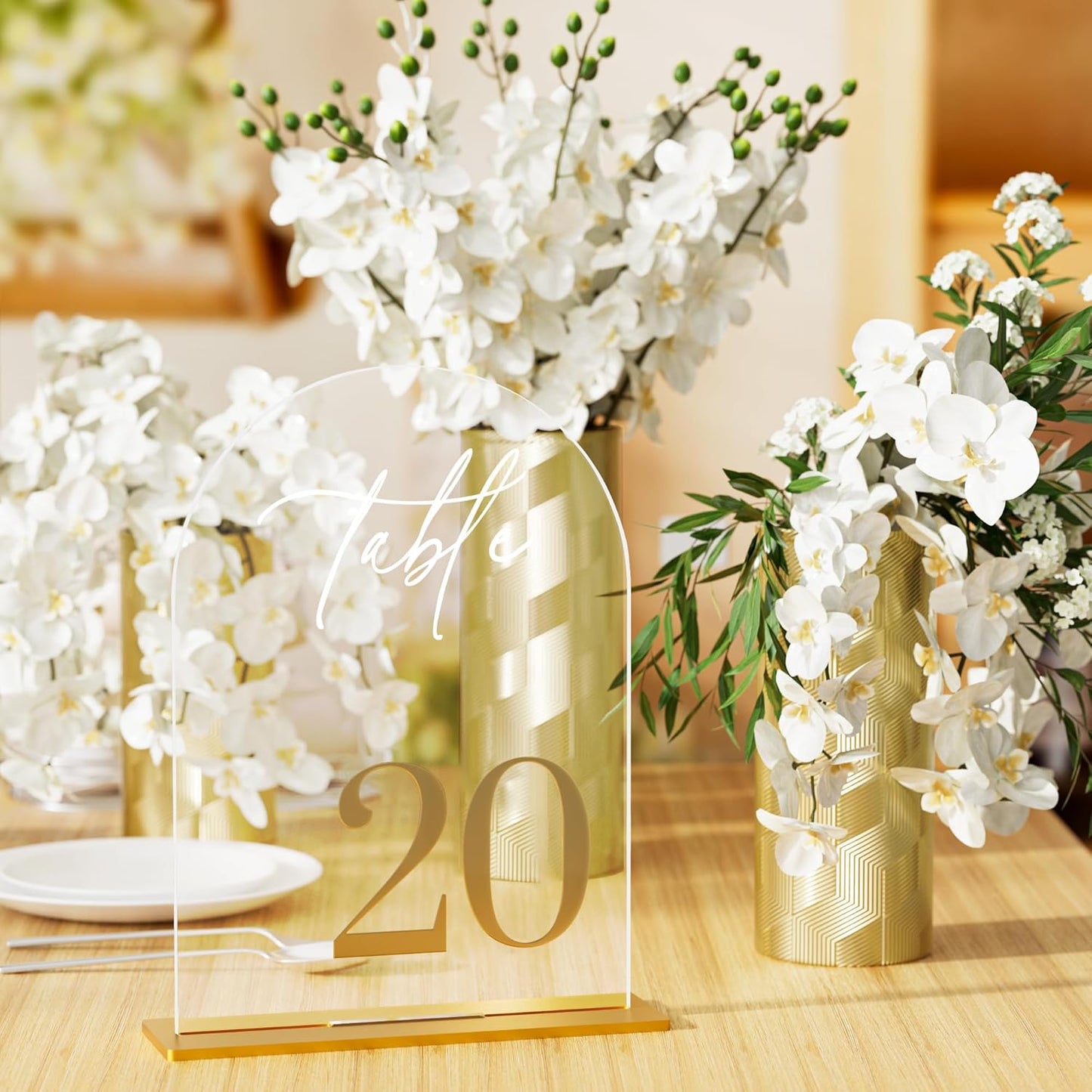Arch Wedding Table Numbers 1-20 with Stands, Elegant Gold Number 5.5 x 7” Arch Acrylic Signs with Holder, Clear Acrylic Table Numbers for Wedding Reception, Anniversary, Party, Events