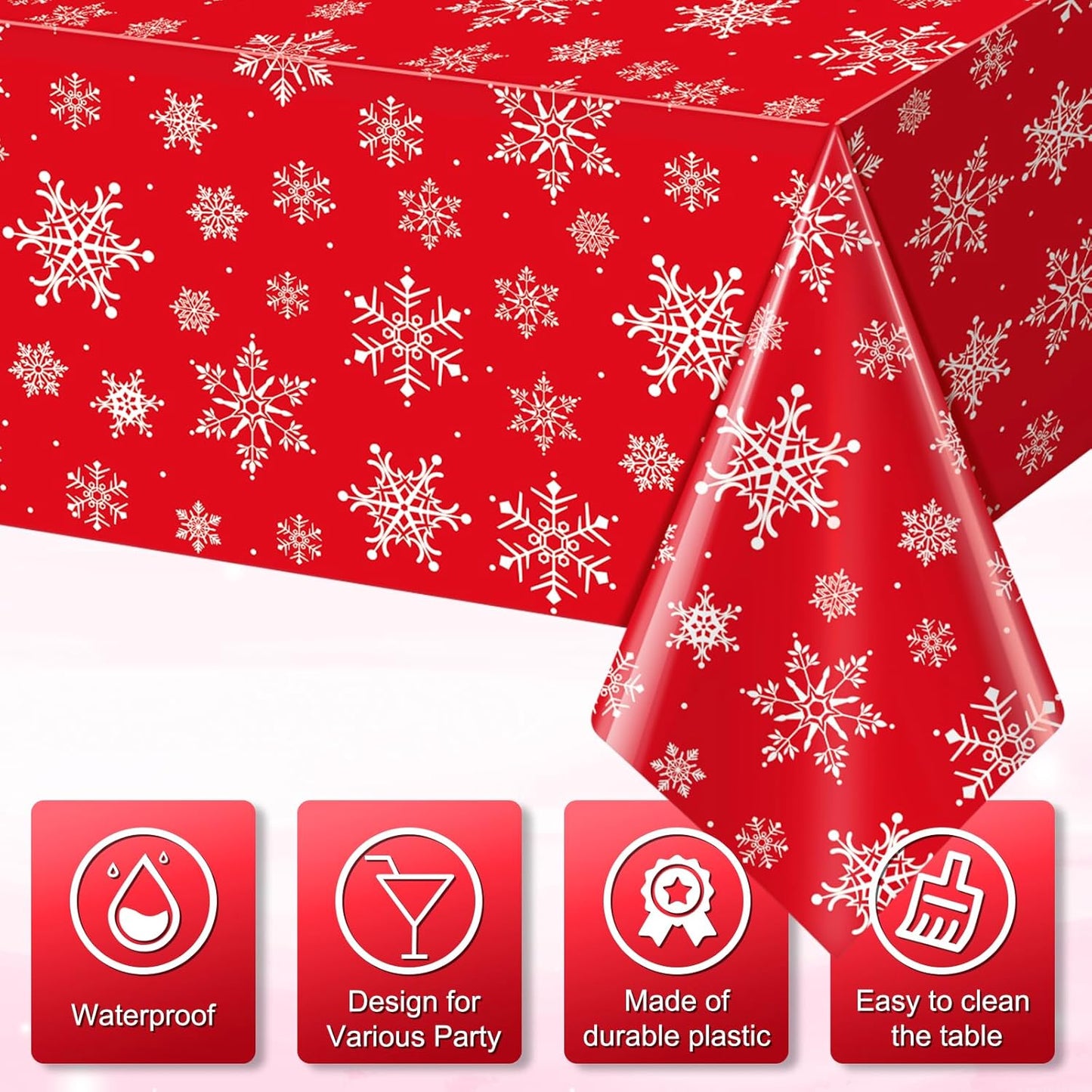 Jectivs 12 Pieces Christmas Snowflake Plastic Party Tablecloth Decorations,White Snowflake Red Xmas Backdrop Sign Table Cover Banner for Winter Christmas Holiday Party Supplies,54x108 inch (Red)