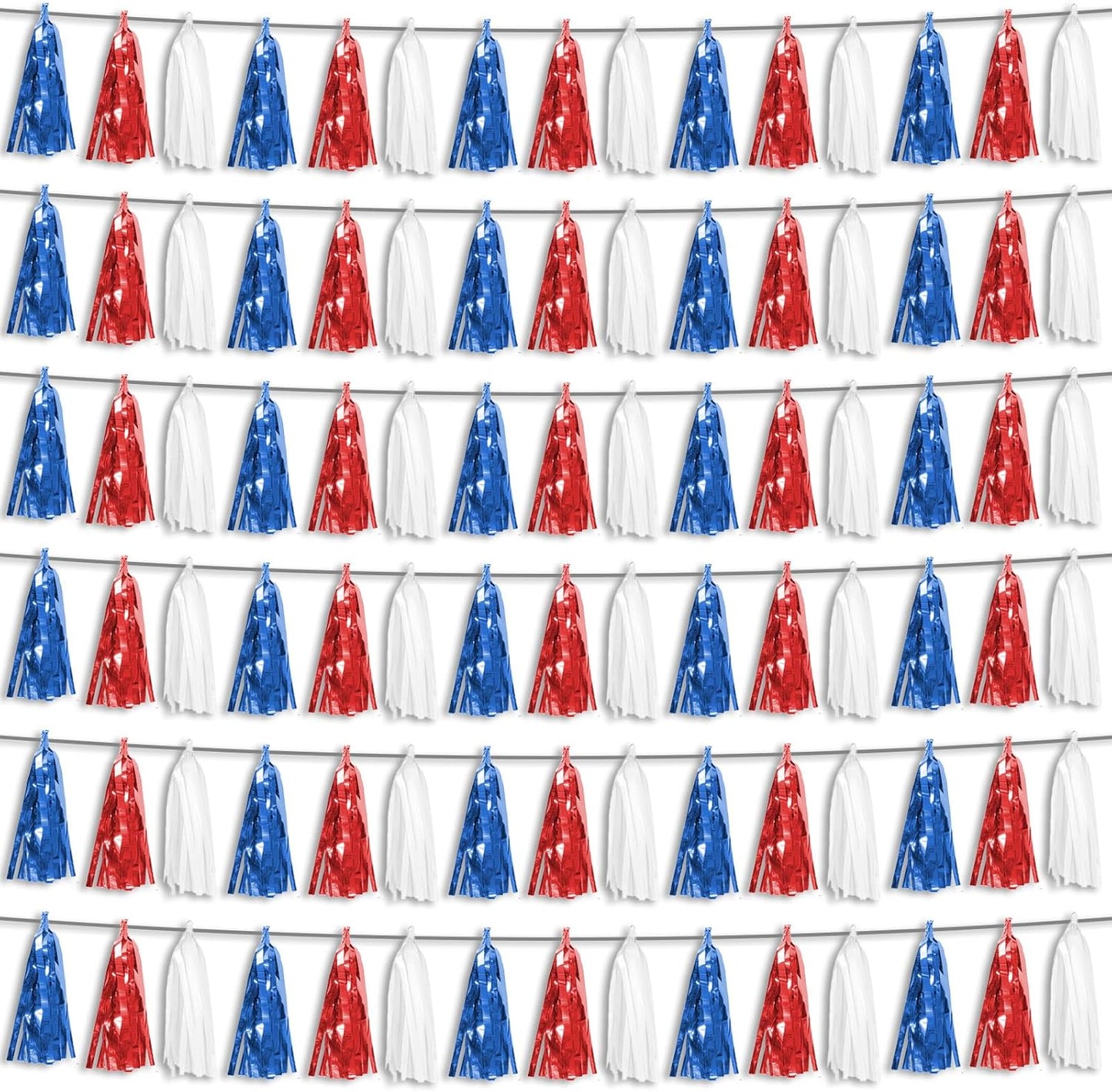 6P Red Blue White Foil Fringe Metallic Tassel Streamers Banner Tassel Garland for Parade Floats, Bachelorette, Wedding, Birthday, Graduation, Christmas, Bridal/Baby Shower Party Decorations