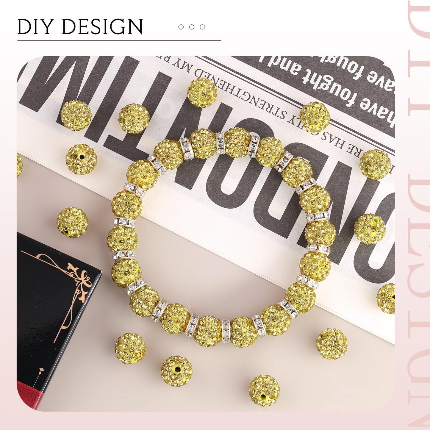 200pcs 10mm Light Yellow Rhinestone Beads for Jewelry Making, Shiny Round Shamballa Disco Ball Beads, Sparkle Crystal Clay Christmas for Bracelet Baseball Necklace Earring Crafting and DIY