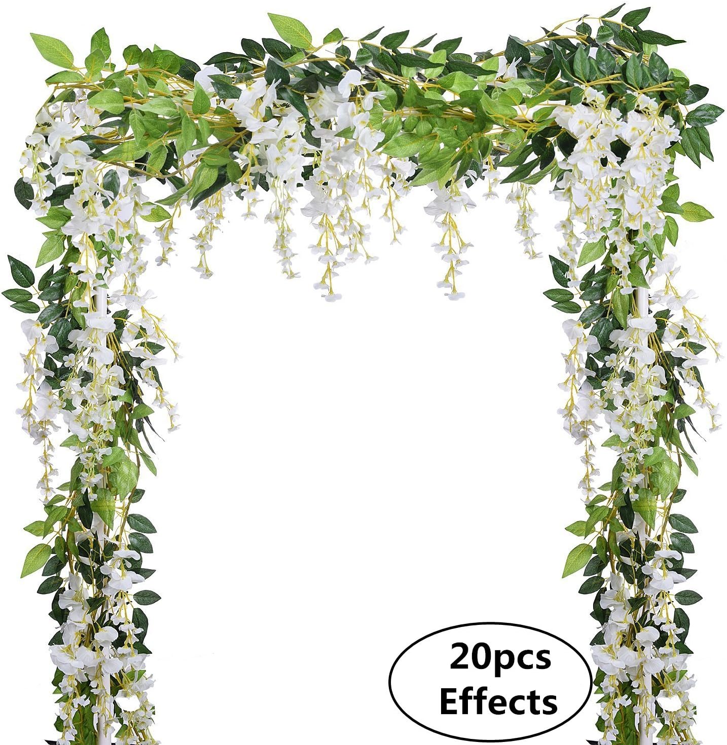 DearHouse 4Pcs 6.6Ft/Piece Artificial Flowers Silk Wisteria Garland Artificial Wisteria Vine Rattan Silk Hanging Flower for Home Garden Outdoor Ceremony Wedding Arch Floral Decor (White)