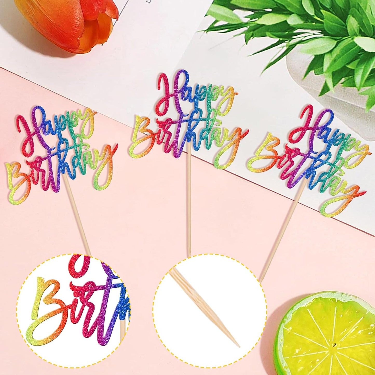 24 PCS Glitter Cupcake Toppers - Happy Birthday & Anniversary Picks for Celebrating Parties - Colorful