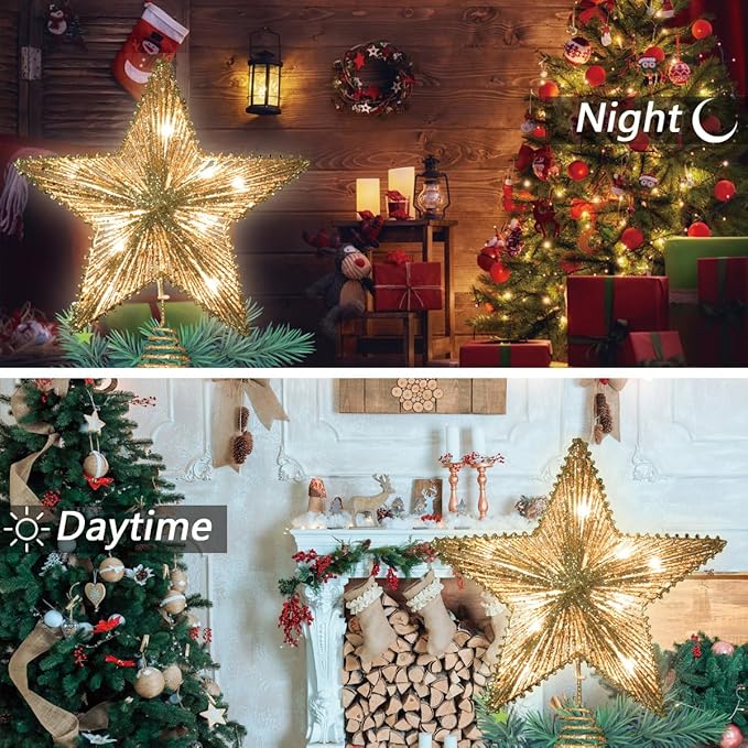 LAMPHOME 14" 10L Lighted Gold Glitter Thread Christmas Star Tree Topper,Warm White