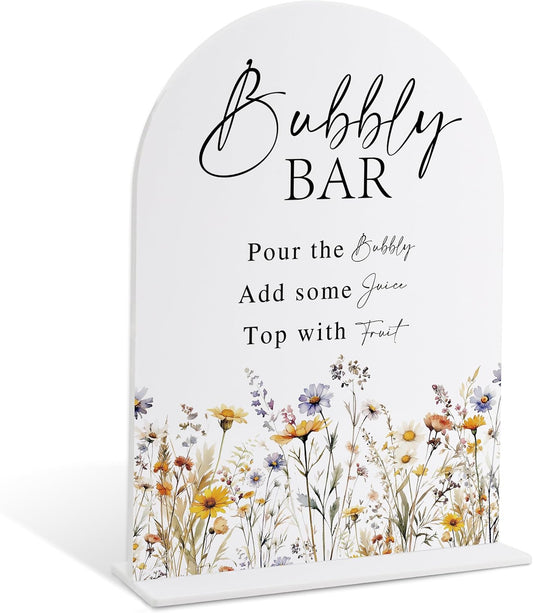Wedding Signs for Ceremony and Reception, Boho Floral Acrylic Bubbly Bar Sign, Wedding Signage with Stand, Bridal Shower Table Centerpieces, Supplies for Engagement Reception and Event Party, 23