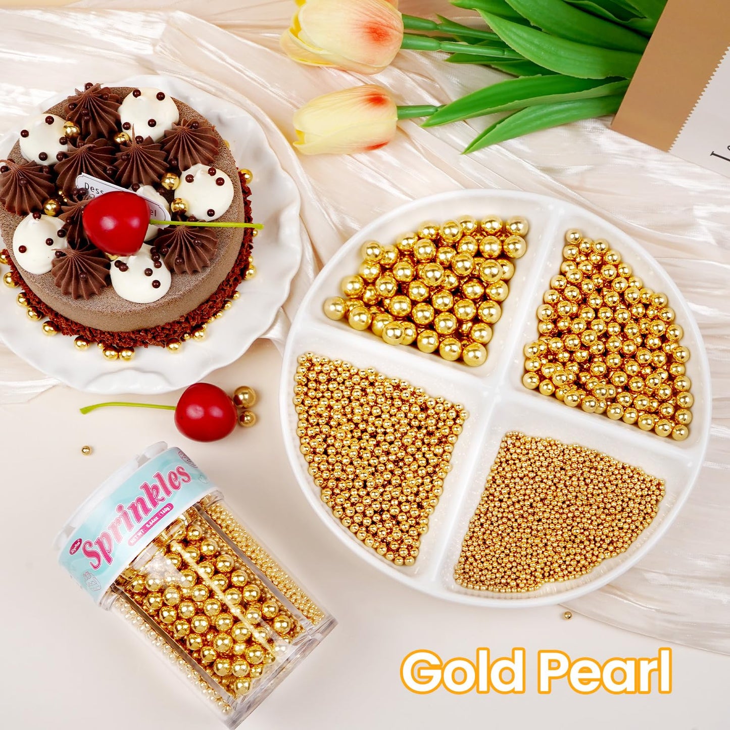 Gold Edible Sugar Pearl Sprinkles for Cake Decorating, Candy Pearls Sprinkles for Cupcake, Cookie, Baking Cake Decorations, 4 sizes, 160g/5.64oz, Holiday, Wedding Party, Christmas Supplies