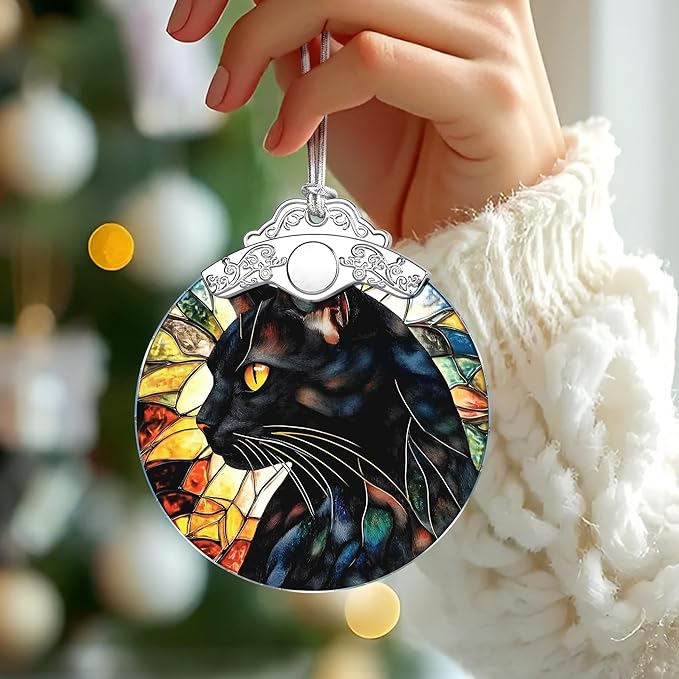 Black Cat Stained Glass Ornament, Christmas Ornaments – Christmas Tree Decorations, Holiday Decor, Stocking Stuffer, Gift Idea, Gifts for Cat Lover, Pet Lover