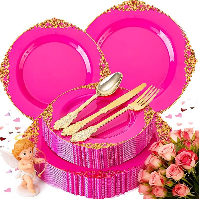 125PCS Hot Pink Plastic Plates - Pink Disposable Plate - Elegant Party Plates with Gold Plastic Silverware Sets for 25 Guests for Valentine's Day Party & Birthday & Baby Shower