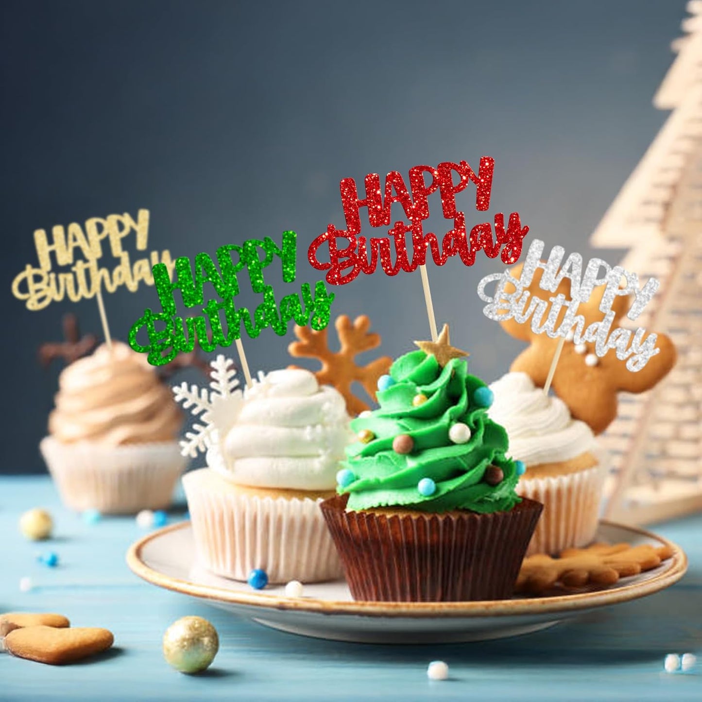 Gyufise 24Pcs Happy Birthday Cupcake Toppers Glitter Birthday Cupcake Food Picks for Celebrating Happy Halloween Theme Party Cake Decorations Supplies Silver Red Green Gold