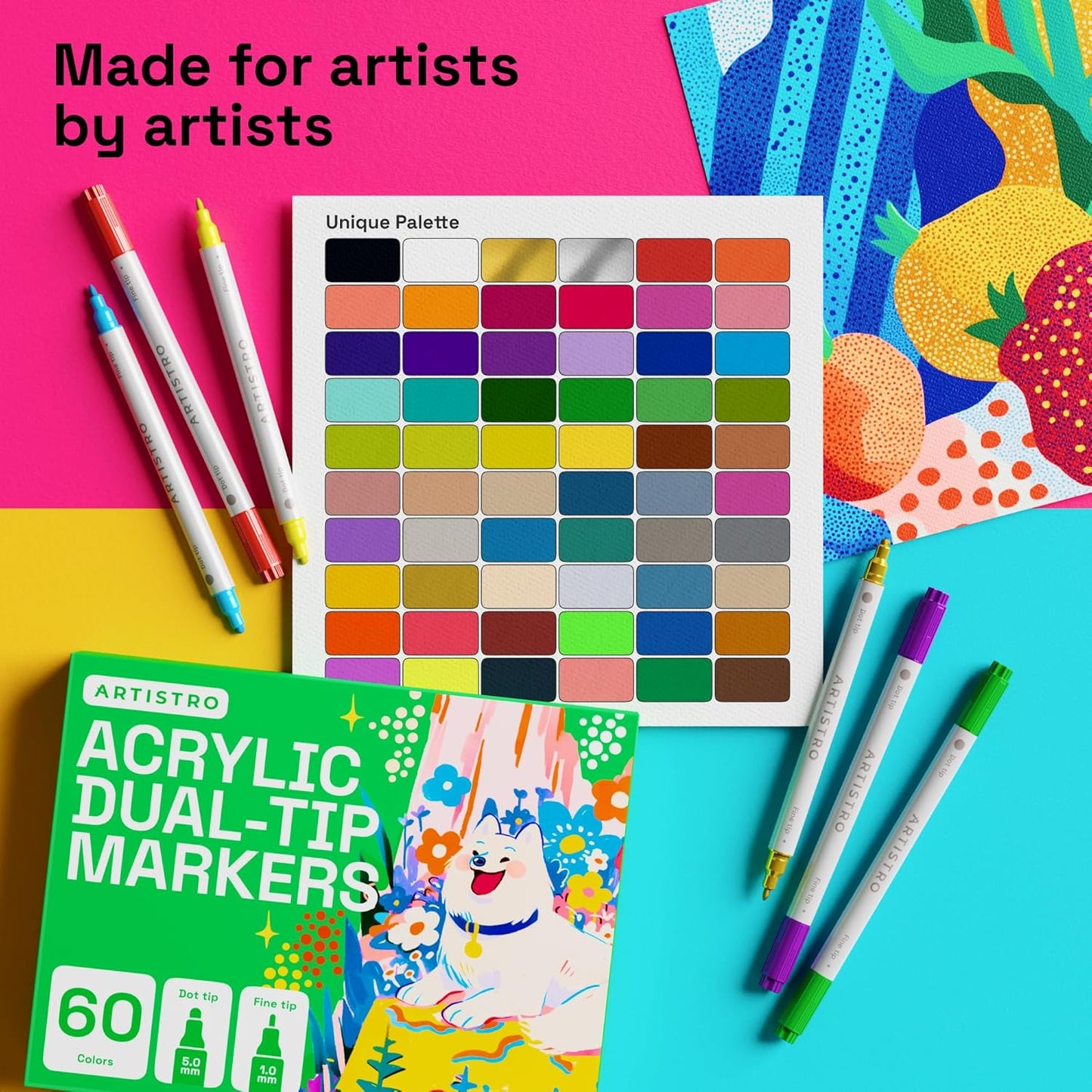 ARTISTRO 60 Dual Tip Acrylic Paint Markers, Acrylic Paint Pens, Fabric Markers for Textile, Rock, Glass, Wood, Paper, Ceramic, Canvas DIY Art Supplies Kit for Kids and Adults (Dual Tip Dot + Fine, 60)