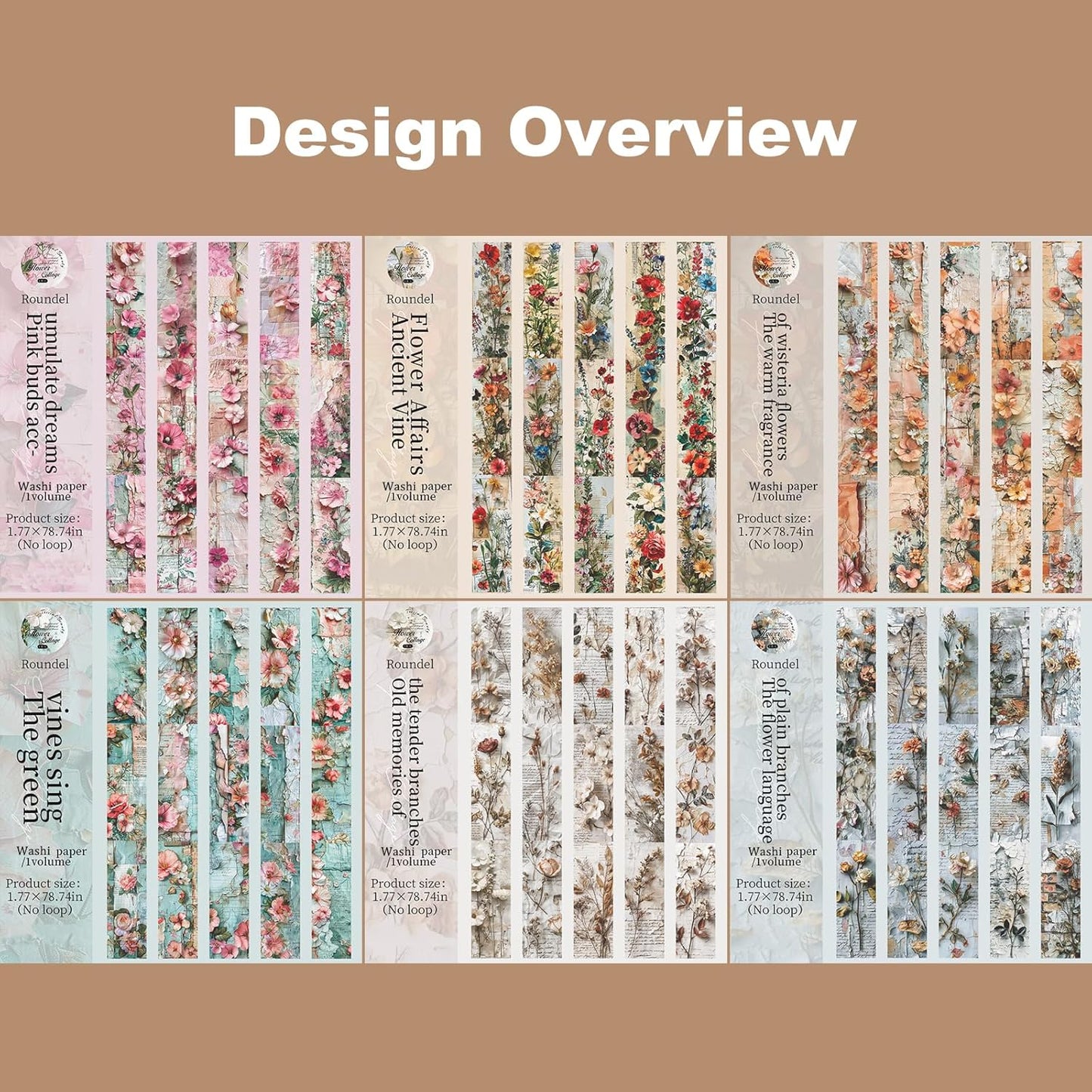 Vintage Floral Washi Tape Set – 6 Rolls, 2M Non-Repeating Flower Collage Designs, Decorative Craft Tape for Scrapbooking, Journals, Planners with Accessory Clip Included