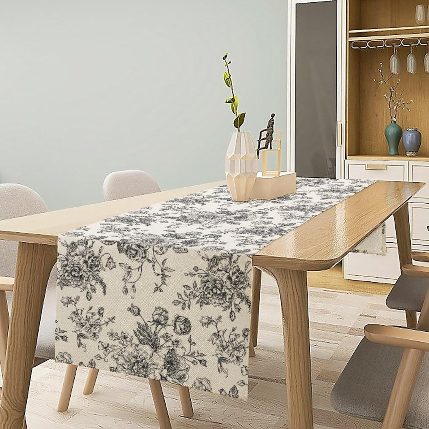 Vintage Flower Table Runner, Black White Wildfloral Floral Sketch Print Kitchen Dinning Table Runner for Indoor Outdoor Home Wedding Party Holiday, 13x120 Inch