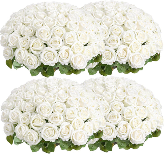 Auihiay 104pcs Roses Artificial Flower - Realistic White Fake Roses for Wedding Centerpieces, Table Decor, Valentine's Day, Mother's Day, and Home Party Decorations