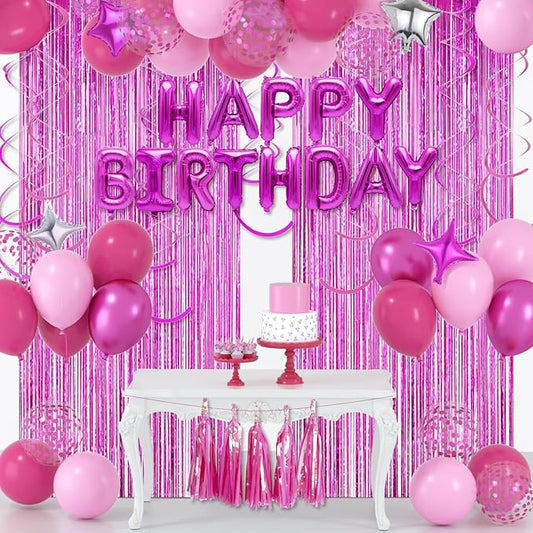 Hot Pink Birthday Decorations Kit| Pink Birthday Decorations for Women Girls Princess| HappyBirthday Balloons Banner, Streamer Curtain, Swirls, Tassels