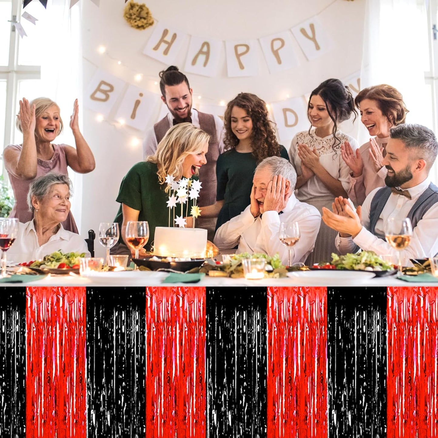 3 Pack 29 x108 Inch Black Red Foil Fringe Table Skirts Metallic Banner for Tinsel Streamer Garland Backdrop for Parade Floats Wedding Thanksgiving Birthday Christmas New Year Party Decoration