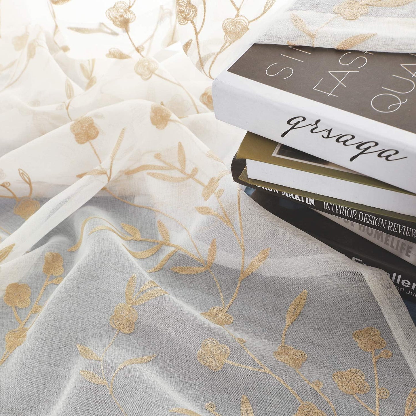 Sheer Curtains with Desin White-Beige Floral Embroidery 84 Inch Long Rod Pocket Lace Drapes for Living room, Bedroom, 2 Panels, 52"x84", Semi Voile Outdoor Window Treatment Sets for Yard, Patio.