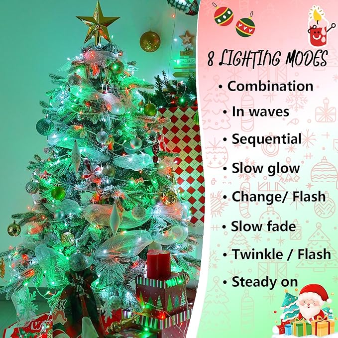 YEGUO 165ft 500 LED Christmas Lights Outdoor Waterproof, Clear Wire String Lights Indoor Plug in, 8 Modes Clear Wire Twinkle Tree Light for Xmas Party Garden(Red White and Green)