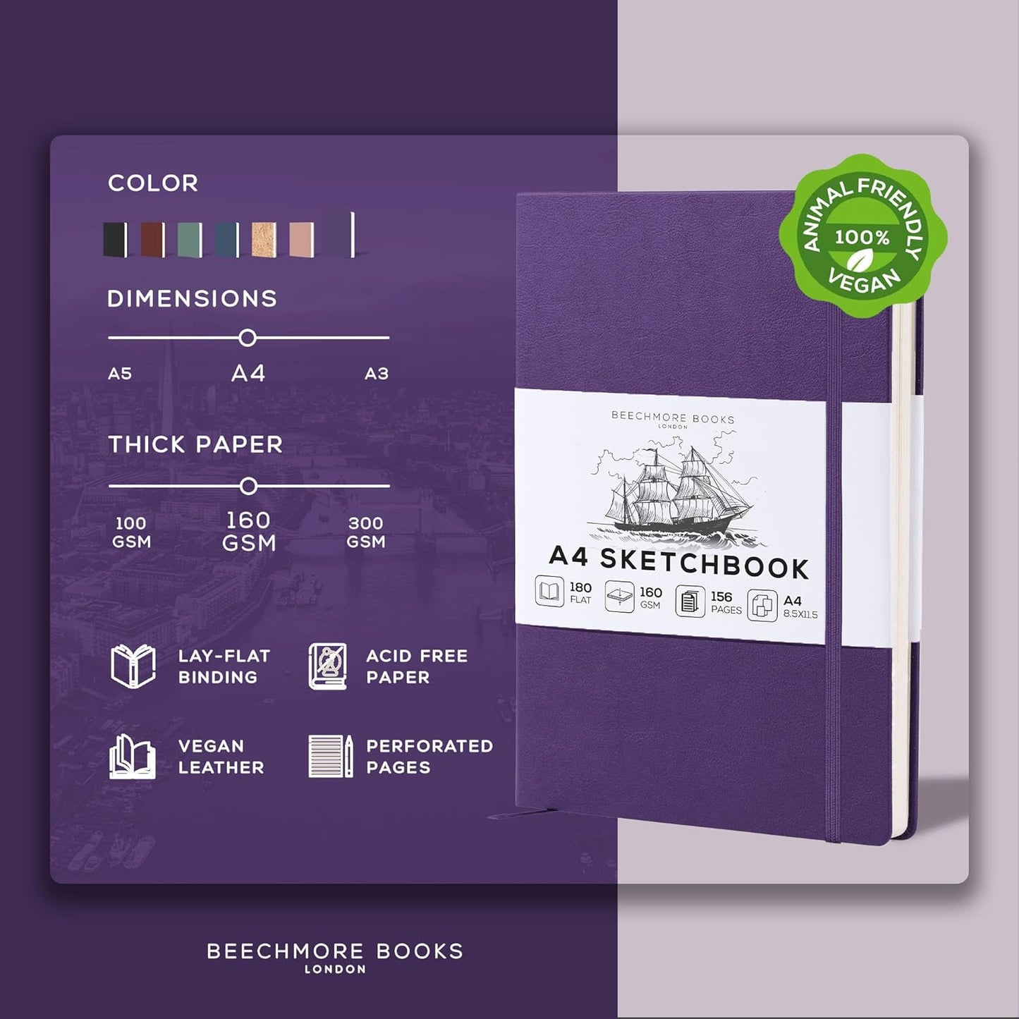 Beechmore Books A4 Sketchbook – 8.5x11 Premium Vegan Leather Bound Large Sketch Book Hardcover with 156 Thick 160gsm Perforated Ivory Pages, Blank Sketch Pad, Gift Boxed, Back Pocket, Ribbon Bookmark