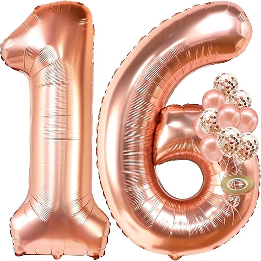 KatchOn, Rose Gold Sweet 16 Party Decorations - 40 Inch | Rose Gold Sweet 16 Balloons | Rose Gold 16 Balloon Numbers, Confetti Balloons | 16th Birthday Decorations for Girls | Anniversary Decorations