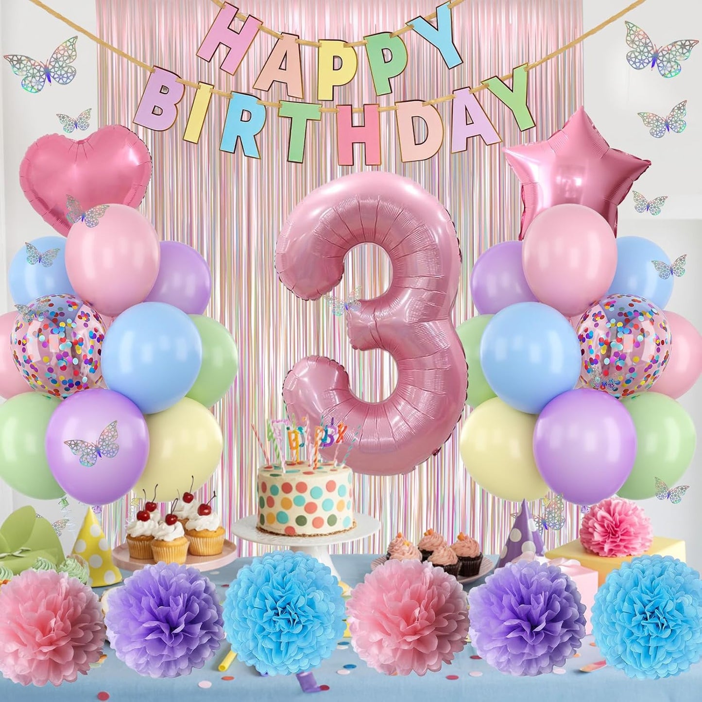 Pastel 3rd Birthday Party Decorations for Girls Number 3 Balloon Happy Birthday Banner Butterfly Stickers Fringe Curtain Paper Pom Poms Macaron Pink Star Heart Foil Colorful Balloons 3 Year Old Decor