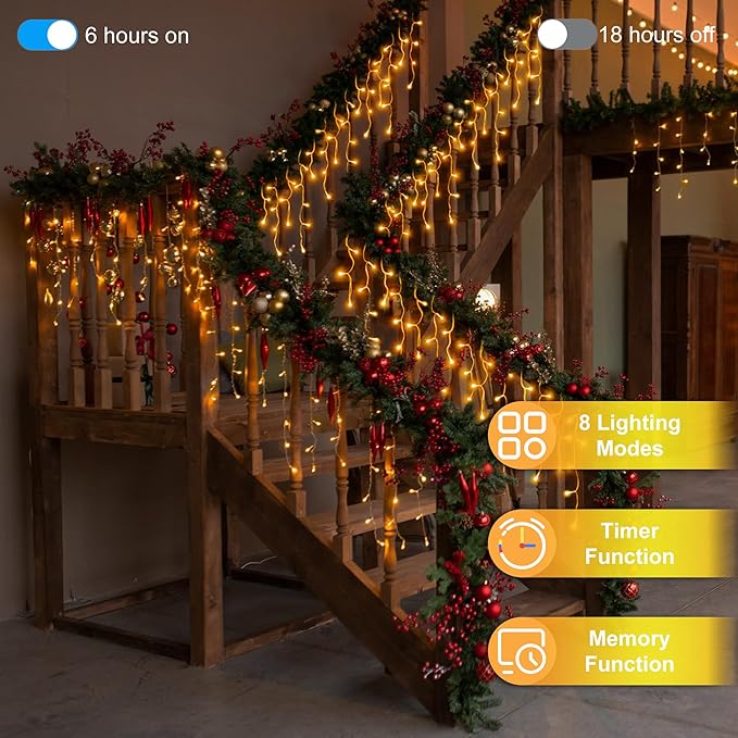 66 FT LED Christmas Lights with 140 Drops, 490 LED Indoor Outdoor Christmas Decorations, 8 Lighting Mode Waterproof Fairy Lights with Timer for Xmas Holiday Wedding Yard Party Warm White