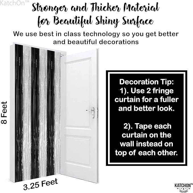 KatchOn, XtraLarge Black and Silver Fringe Curtain - 3.2x8 Feet, Pack of 2 | NYE Backdrop | Silver and Black Decorations | Black and White Streamers for New Years Decorations 2026 | New Years Curtain