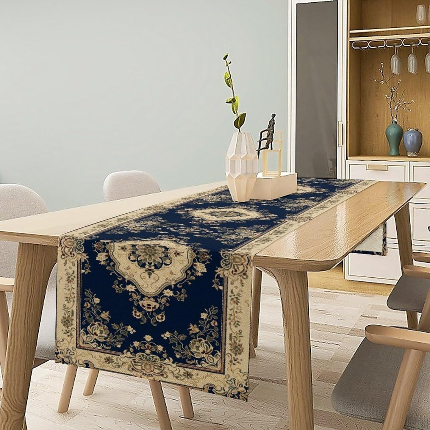 Vintage Elegant Farmhouse Table Runner Blue Beige Flower for Home Farmhouse Kitchen Table Dining Coffee Room Garden Party Wedding Decor 13x36in