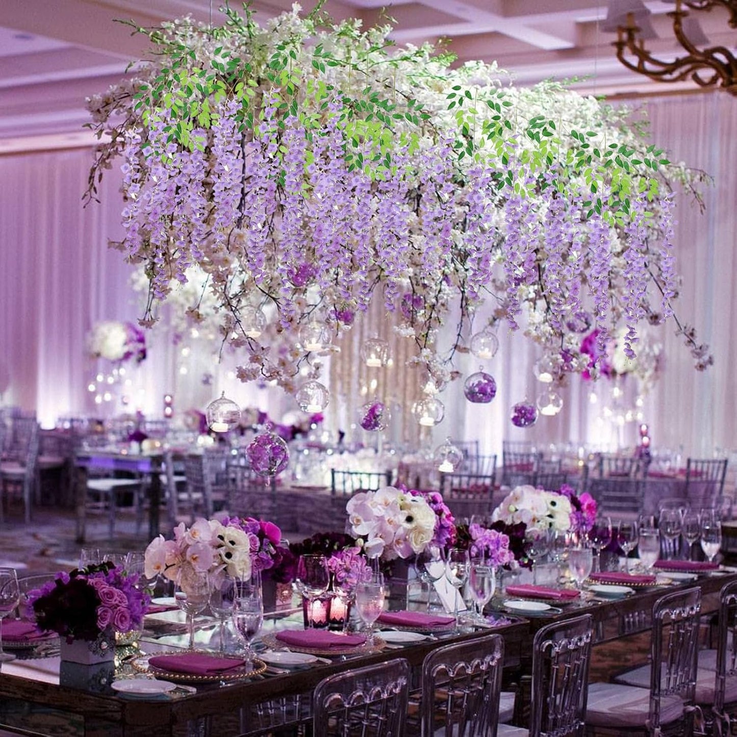 12 Pack Light Purple Wisteria Hanging Flowers, 3.44 Ft Fake Hanging Flowers, Artificial Wisteria Garland Vines for Wedding Room Backdrop Outdoor Patio Garden Decoration