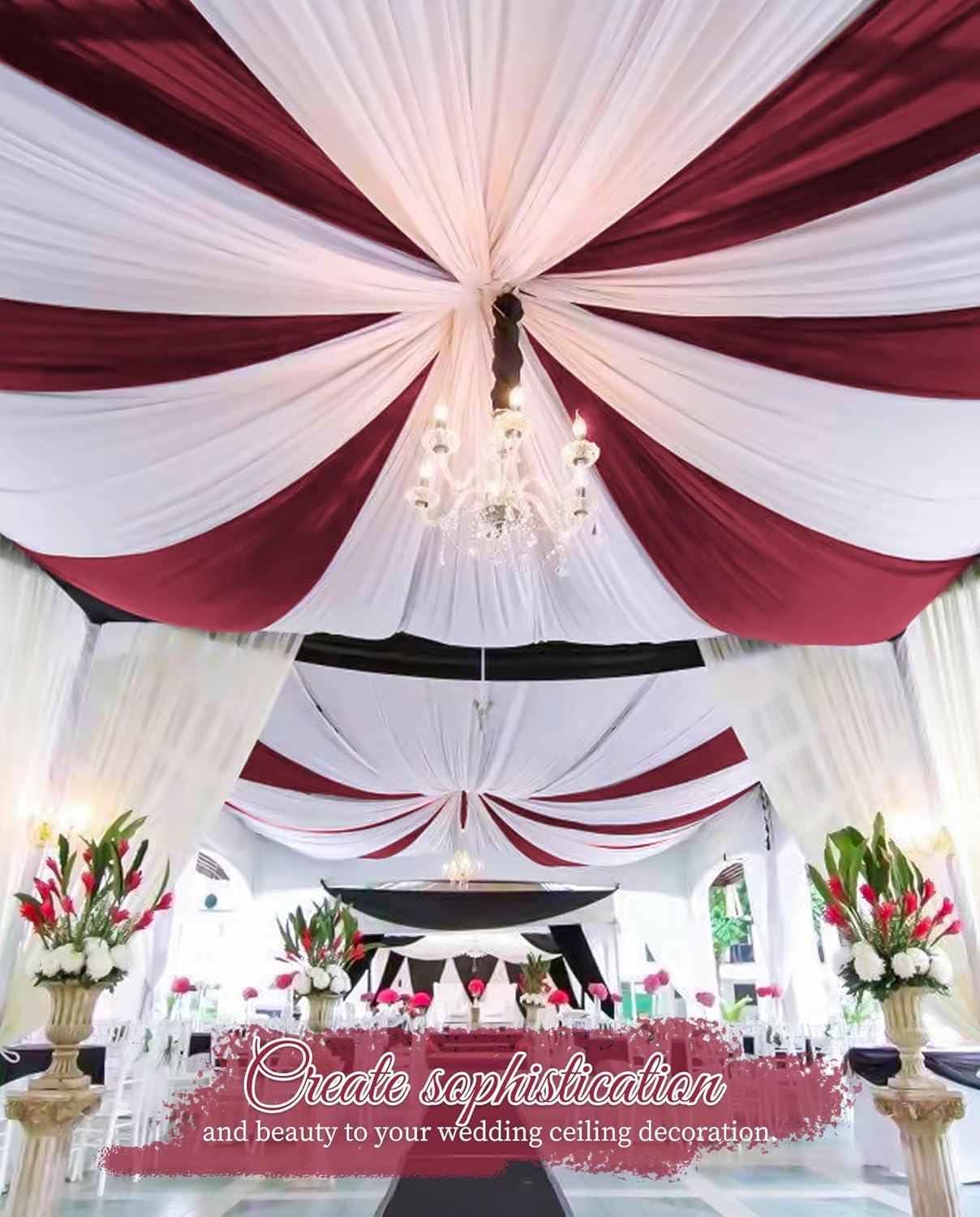6 Panels Burgundy Wedding Ceiling Drapes 5ftx30ft Ceiling Drapes Chiffon Fabric Arch Draping Sheer Curtains Soft Drapery Draping Wedding Ceiling Decorations for Party Ceremony Stage Swag