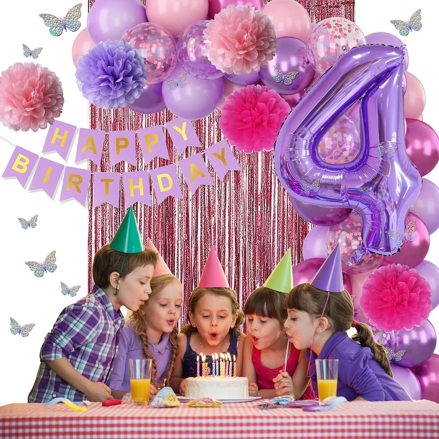 Pink Purple 4th Birthday Party Decorations for Girls Number 4 Balloon Happy Birthday Banner Butterfly Stickers Fringe Curtain Paper Pom Poms Metallic Hot Pink Star Foil Balloons 4 Year Old Princess