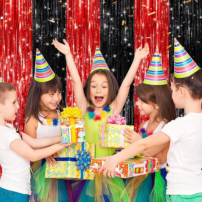 2 Pack Black Red Metallic Tinsel Foil Fringe Curtains, Door Streamers Photo Booth Backdrop for Birthday Party, Tinsel Curtain Backdrop for Baby Shower Bachelorette Christmas Party Decorations