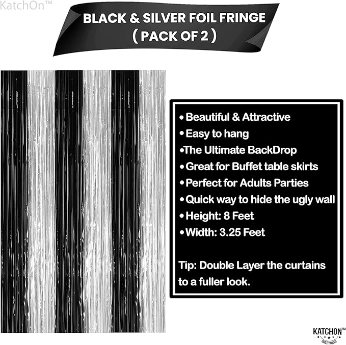 KatchOn, XtraLarge Black and Silver Fringe Curtain - 3.2x8 Feet, Pack of 2 | NYE Backdrop | Silver and Black Decorations | Black and White Streamers for New Years Decorations 2026 | New Years Curtain